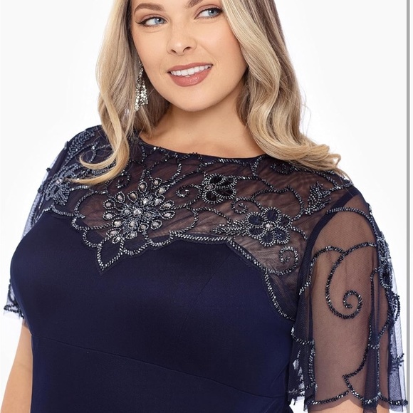 Xscape Plus Size Long Beaded Sequin Illusion Neckline Jersey Dress 18W Navy FLAW - Picture 3 of 15